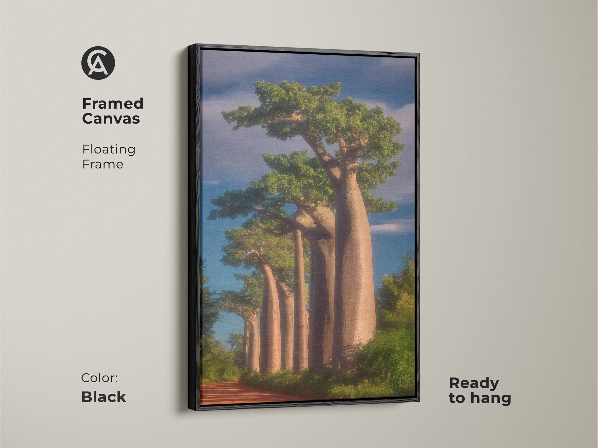 Framed canvas of realistic Baobab trees. This African landscape wall art enhances boho decor. The black floating frame showcases the nature painting. Ready to hang it's a perfect housewarming gift for travelers.