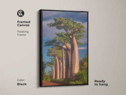 Framed canvas of realistic Baobab trees. This African landscape wall art enhances boho decor. The black floating frame showcases the nature painting. Ready to hang it's a perfect housewarming gift for travelers.