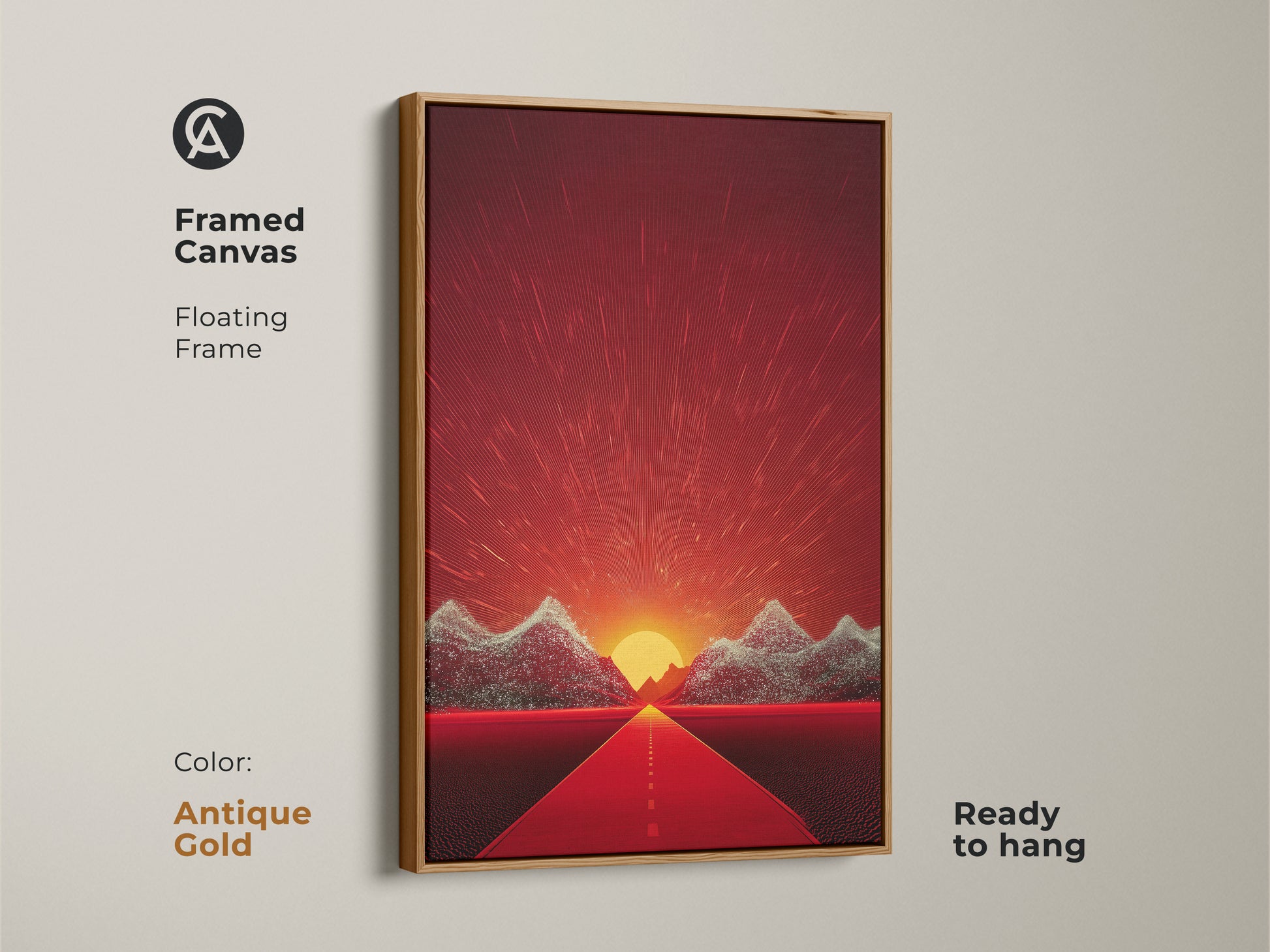 Framed Canvas with a Floating Frame in Antique Gold. The retro futurism landscape canvas is perfect as a modern wall art or a thoughtful gift for travelers. The sunset road travel poster gives a unique eclectic wall hanging.