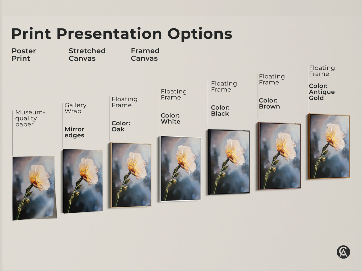 Explore print presentation options for a cream and yellow flower art print. Choose from poster prints stretched canvases or framed canvases. Select floating frames in oak white black brown or antique gold. Find the perfect contemporary botanical artwork.