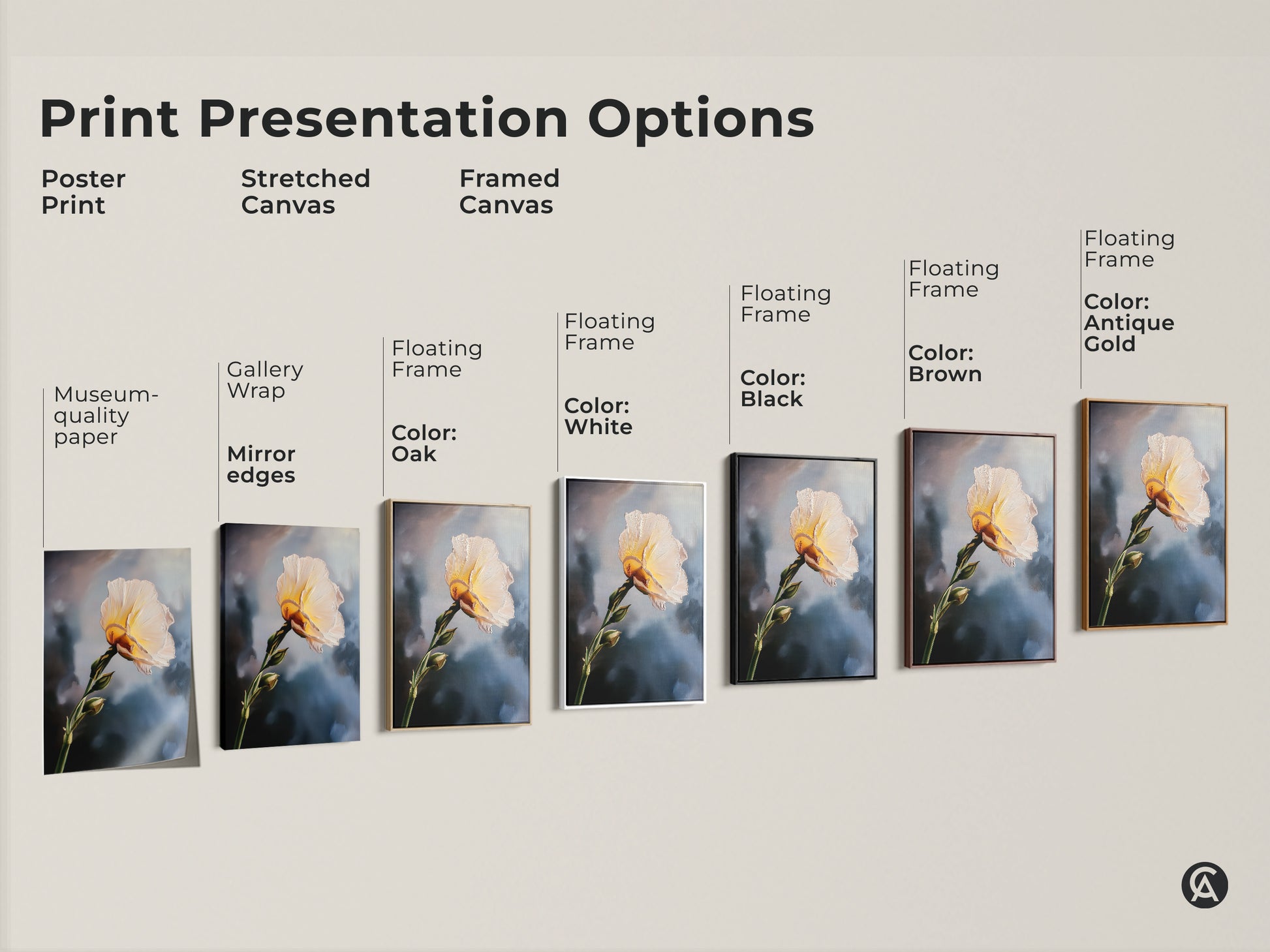 Explore print presentation options for a cream and yellow flower art print. Choose from poster prints stretched canvases or framed canvases. Select floating frames in oak white black brown or antique gold. Find the perfect contemporary botanical artwork.