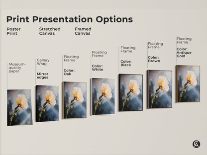 Explore print presentation options for a cream and yellow flower art print. Choose from poster prints stretched canvases or framed canvases. Select floating frames in oak white black brown or antique gold. Find the perfect contemporary botanical artwork.