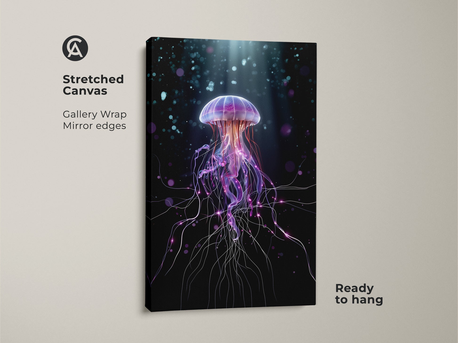 Stretched canvas of a surreal jellyfish art print. The purple and teal abstract ocean design enhances your space. Ready to hang with mirror edges this fantasy canvas art brings ocean life to your bedroom decor. A contemporary piece.