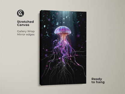 Stretched canvas of a surreal jellyfish art print. The purple and teal abstract ocean design enhances your space. Ready to hang with mirror edges this fantasy canvas art brings ocean life to your bedroom decor. A contemporary piece.