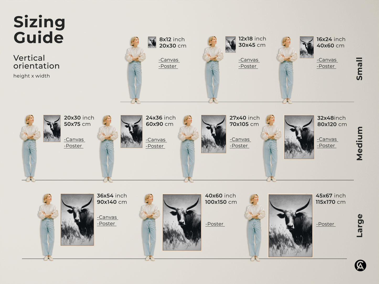 Sizing guide for vertical farmhouse cow art. Available in canvas and poster options. Sizes range from small to large. Find the perfect fit for your rustic wildlife wall decor.