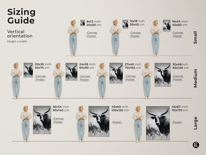 Sizing guide for vertical farmhouse cow art. Available in canvas and poster options. Sizes range from small to large. Find the perfect fit for your rustic wildlife wall decor.