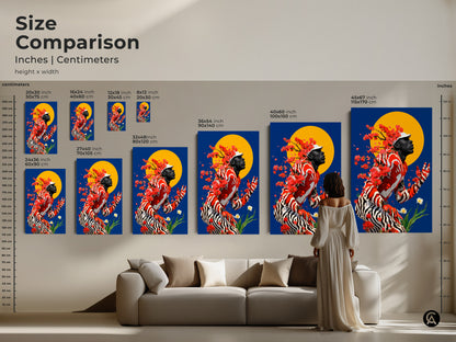 Size comparison showcases inches and centimeters for canvas and poster prints featuring a man with cherry blossoms. This red orange and blue artwork brings modern flair to any room. See how the size complements furniture from small to large canvas sizes.