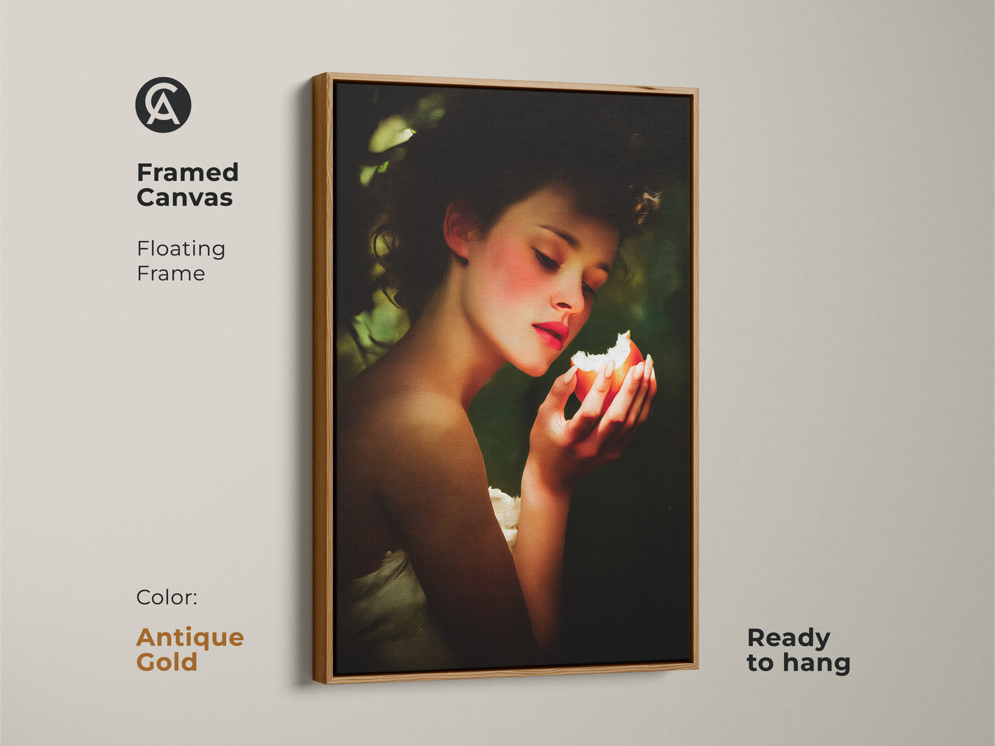 Antique gold framed canvas features Renaissance woman portrait art. The woman holds a peach and green apple in this classic still life wall art. Perfect for eclectic bedroom decor. This gift for art lovers anniversary adds timeless elegance. It is also ready to hang.