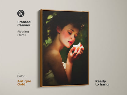 Antique gold framed canvas features Renaissance woman portrait art. The woman holds a peach and green apple in this classic still life wall art. Perfect for eclectic bedroom decor. This gift for art lovers anniversary adds timeless elegance. It is also ready to hang.