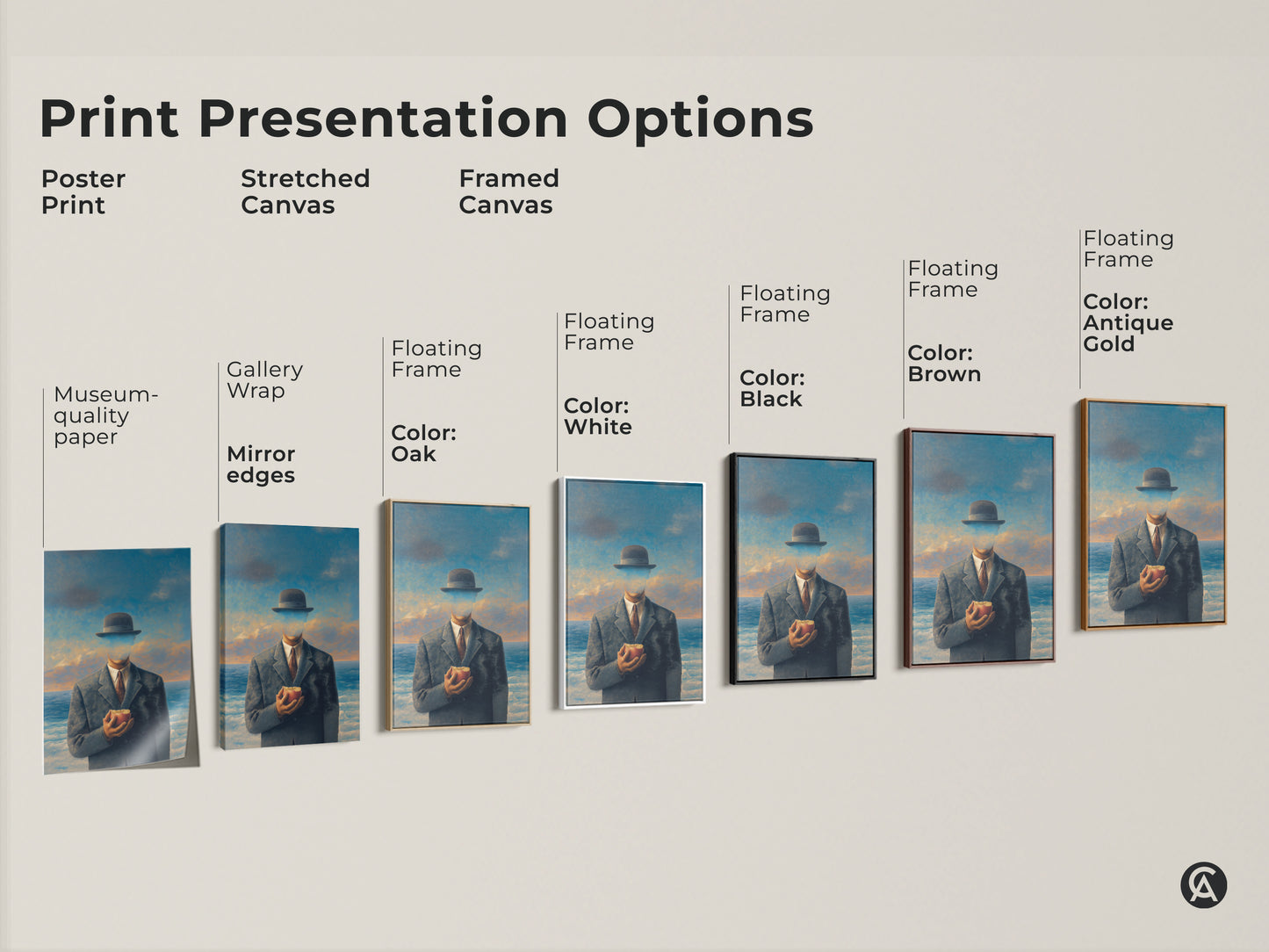 Explore print presentation options for surrealist man with apple art. Choose from poster prints stretched canvas and framed canvas. Each option enhances the philosophical artwork. Perfect for study room office decor or as a unique gift. Available in various frame colors.