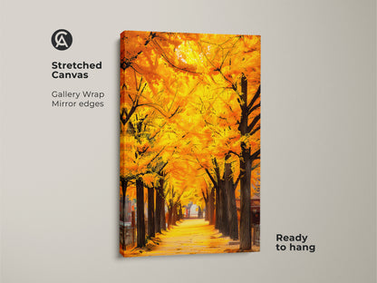 Stretched canvas art featuring a golden Gingko tree lined path. The gallery wrapped canvas has mirrored edges. It arrives ready to hang. The vibrant colors and detailed artwork will enhance any space adding a touch of natural beauty.