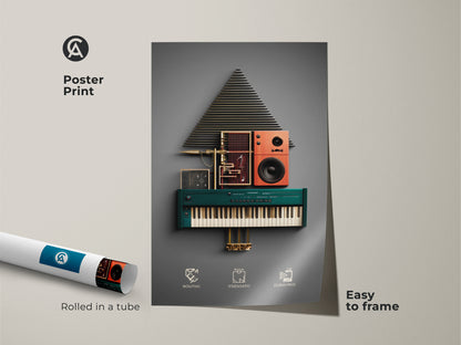 Poster print of geometric synthesizer art rolled in a tube for easy framing. Modern abstract artwork with teal orange gold colors. Ideal electronic music print for a home studio. A unique tech gift for music producers.