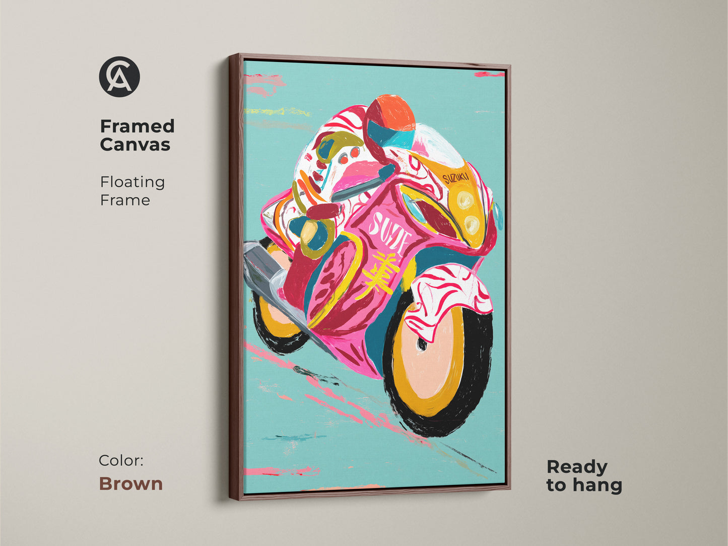 Framed canvas showcasing abstract motorcycle art with a brown floating frame. This vibrant speed racer artwork is the perfect man cave or garage gift for transport wall decor enthusiasts.