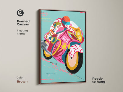Framed canvas showcasing abstract motorcycle art with a brown floating frame. This vibrant speed racer artwork is the perfect man cave or garage gift for transport wall decor enthusiasts.
