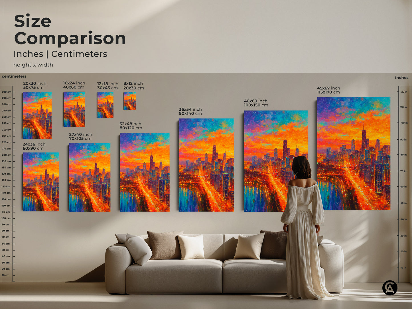Compare sizes of the Chicago skyline art. See how each piece complements your living space. The artwork enhances your home decor. Find the perfect dimensions for your space. Transform your walls with vibrant cityscape art