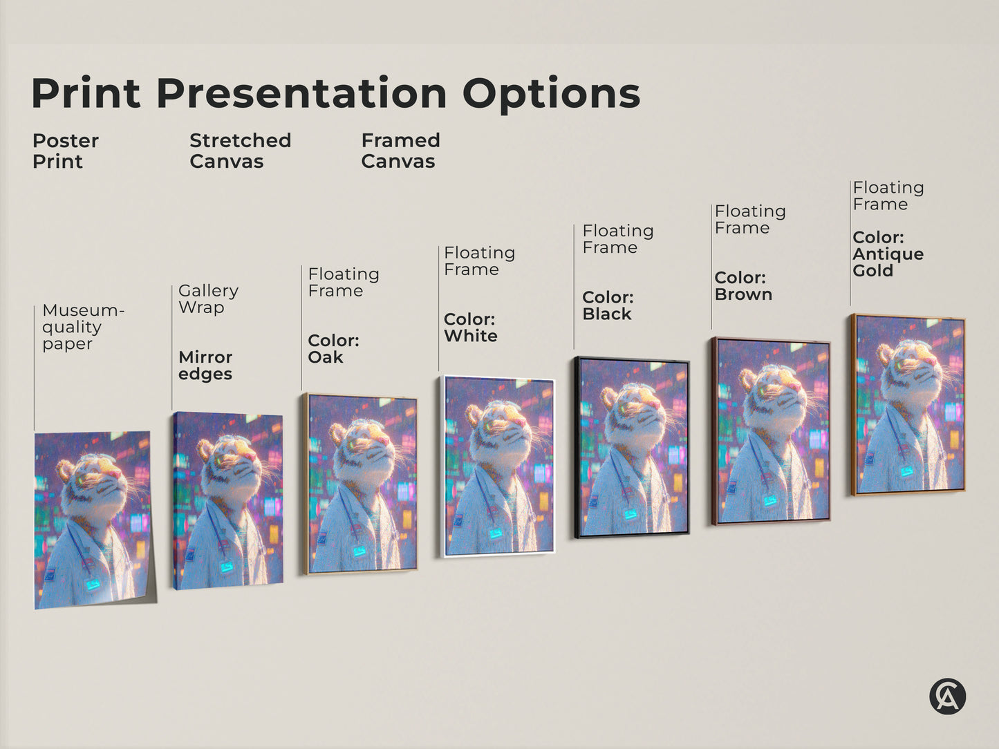 Print presentation options for wall art. Choose from poster prints stretched canvas or framed canvas. The artwork features a tiger doctor. Find the perfect wall art for your home today.