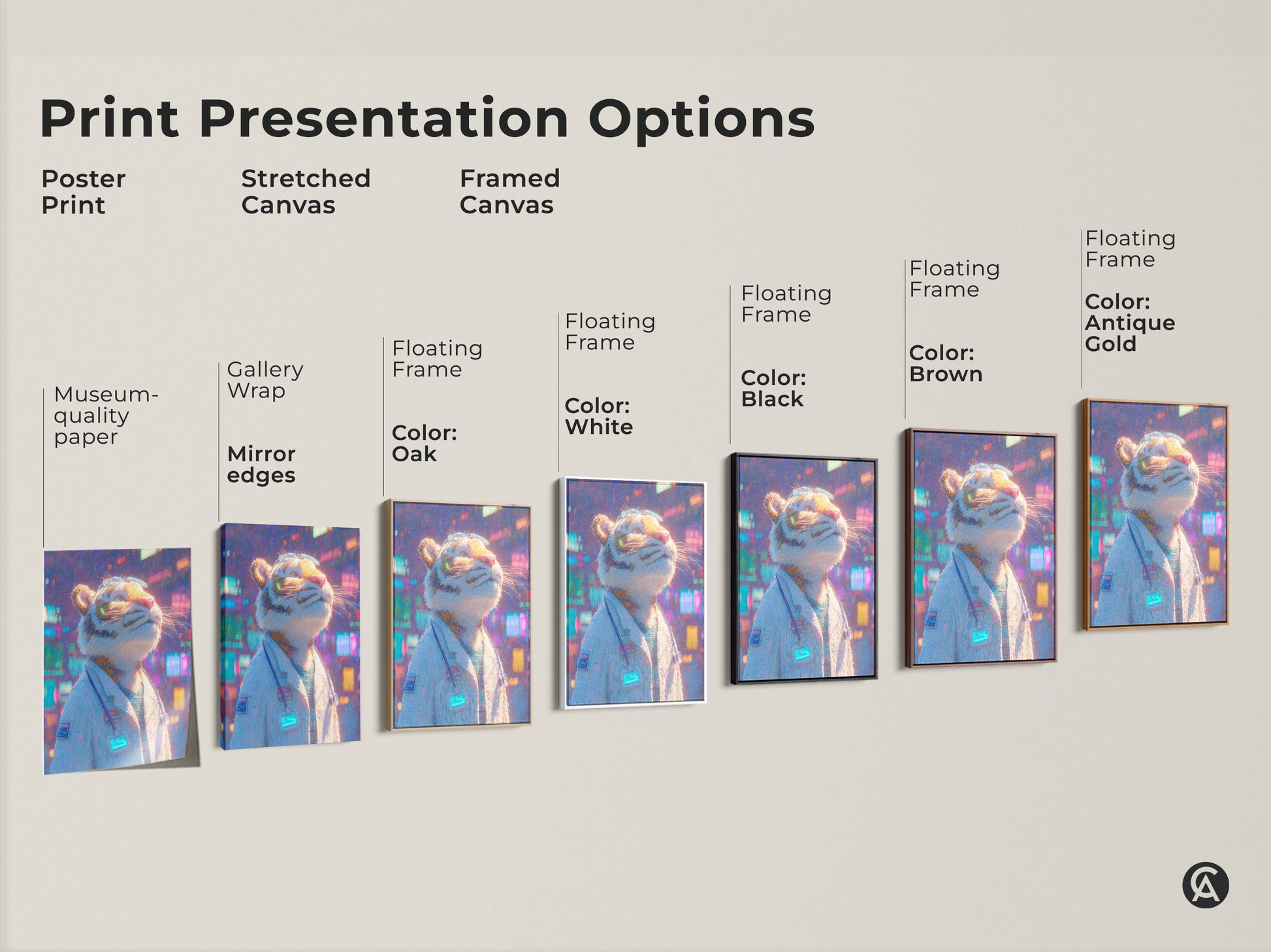 Print presentation options for wall art. Choose from poster prints stretched canvas or framed canvas. The artwork features a tiger doctor. Find the perfect wall art for your home today.