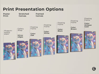 Print presentation options for wall art. Choose from poster prints stretched canvas or framed canvas. The artwork features a tiger doctor. Find the perfect wall art for your home today.