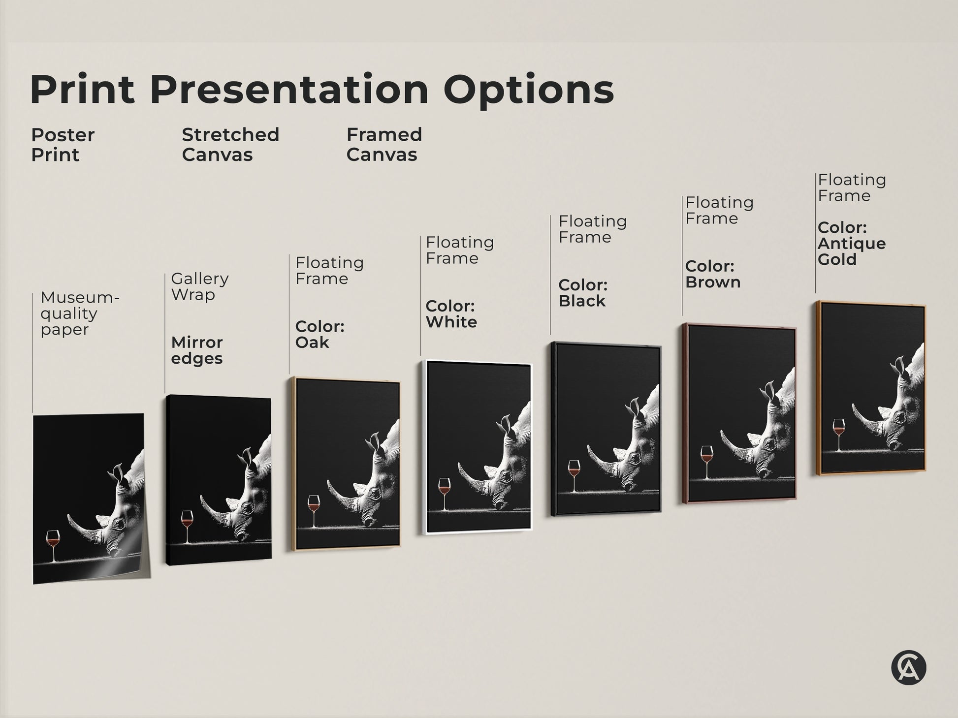 Explore print options with our surreal rhino and wine glass artwork. Options include a poster print a stretched canvas and a framed canvas. This monochrome wildlife art is perfect for any space. Choose the ideal style for your modern home office decor or give it as a unique animal gift.