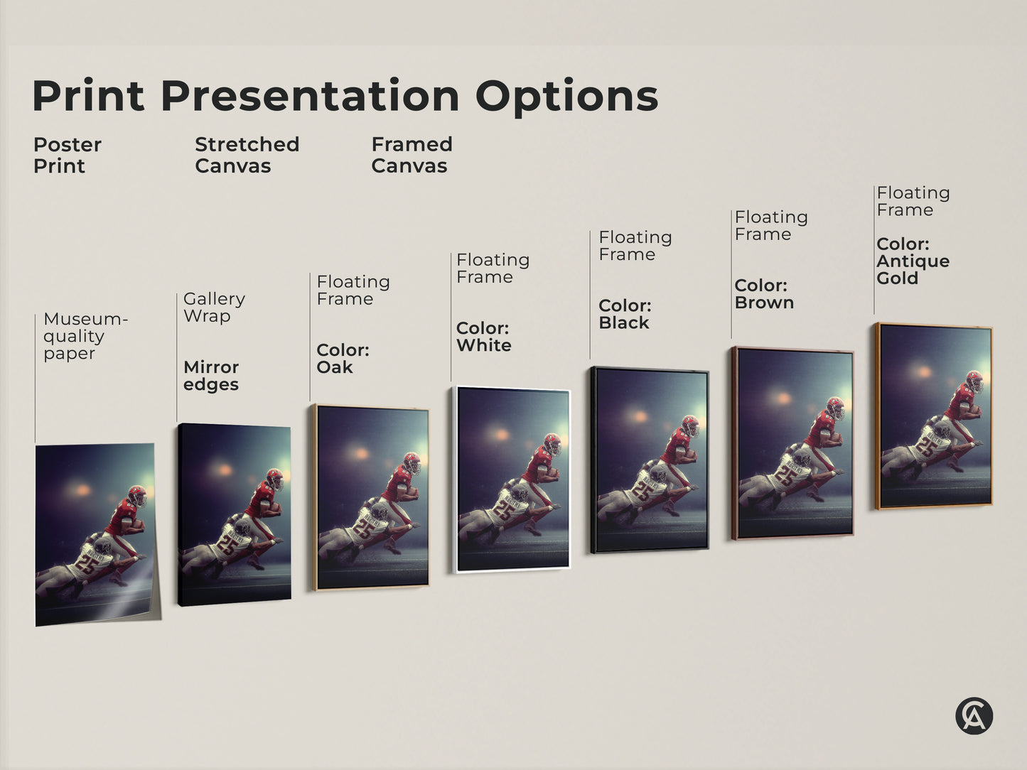 Sizing guide for American Football Player Tackled artwork. Available in vertical orientation for canvas and poster prints. Sizes range from small medium and large. Find the perfect fit for your space. This sports art makes a great gift for football fans