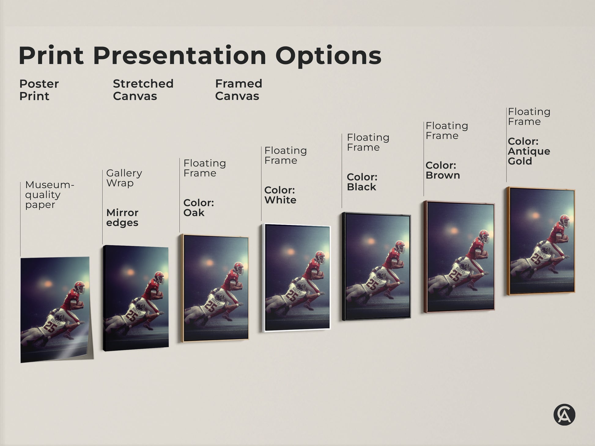 Sizing guide for American Football Player Tackled artwork. Available in vertical orientation for canvas and poster prints. Sizes range from small medium and large. Find the perfect fit for your space. This sports art makes a great gift for football fans