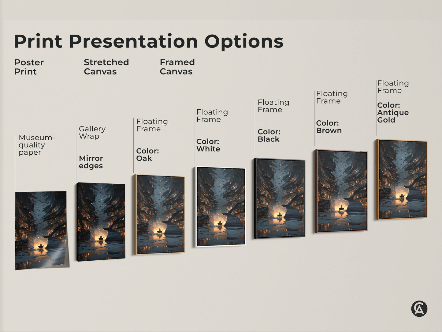 Print presentation options showcasing a surreal library art print. Options include poster prints stretched canvas and framed canvas. Each offers a unique way to display this eclectic gold and blue artwork.