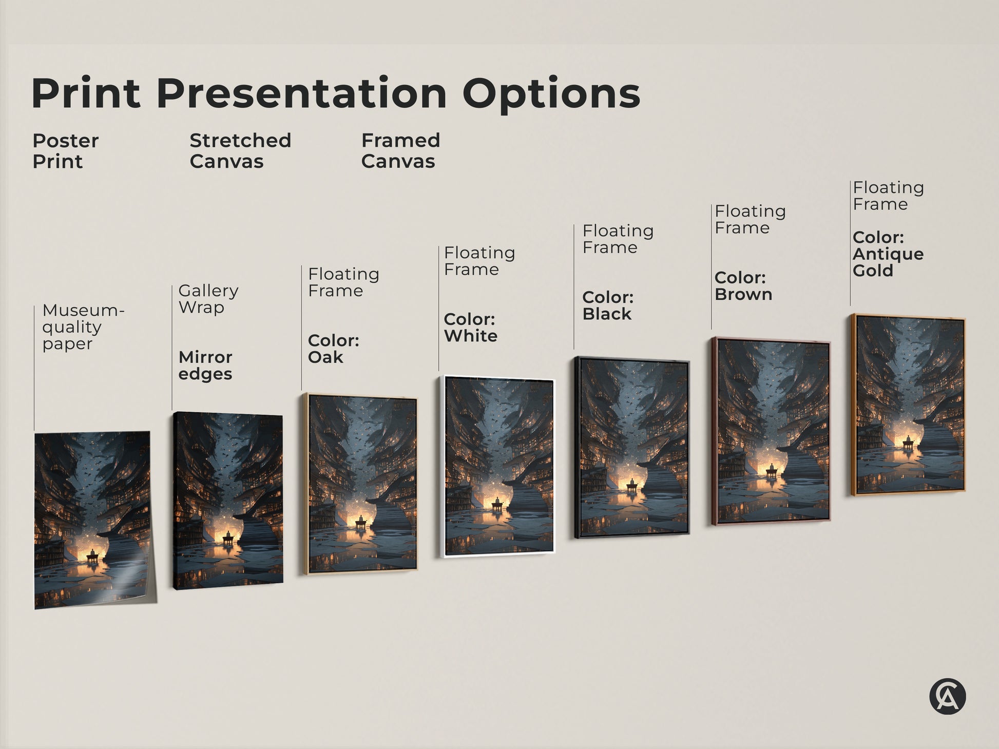 Print presentation options showcasing a surreal library art print. Options include poster prints stretched canvas and framed canvas. Each offers a unique way to display this eclectic gold and blue artwork.