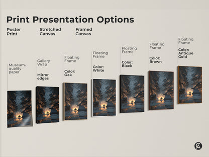 Print presentation options showcasing a surreal library art print. Options include poster prints stretched canvas and framed canvas. Each offers a unique way to display this eclectic gold and blue artwork.