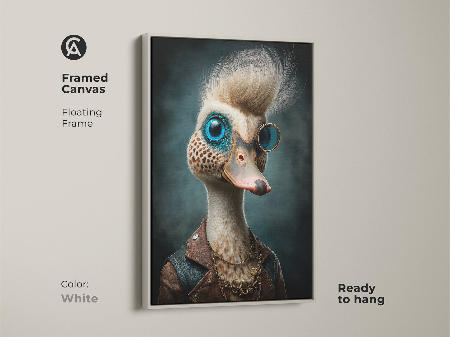 Framed steampunk duck canvas print in a floating white frame. This quirky animal portrait is an eclectic wall art piece. The monocle bird art is a unique office art. This is a unique animal gift for an animal lover present. Ready to hang.
