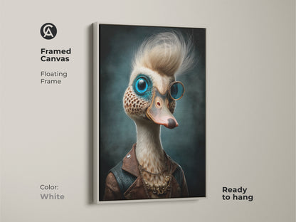 Framed steampunk duck canvas print in a floating white frame. This quirky animal portrait is an eclectic wall art piece. The monocle bird art is a unique office art. This is a unique animal gift for an animal lover present. Ready to hang.