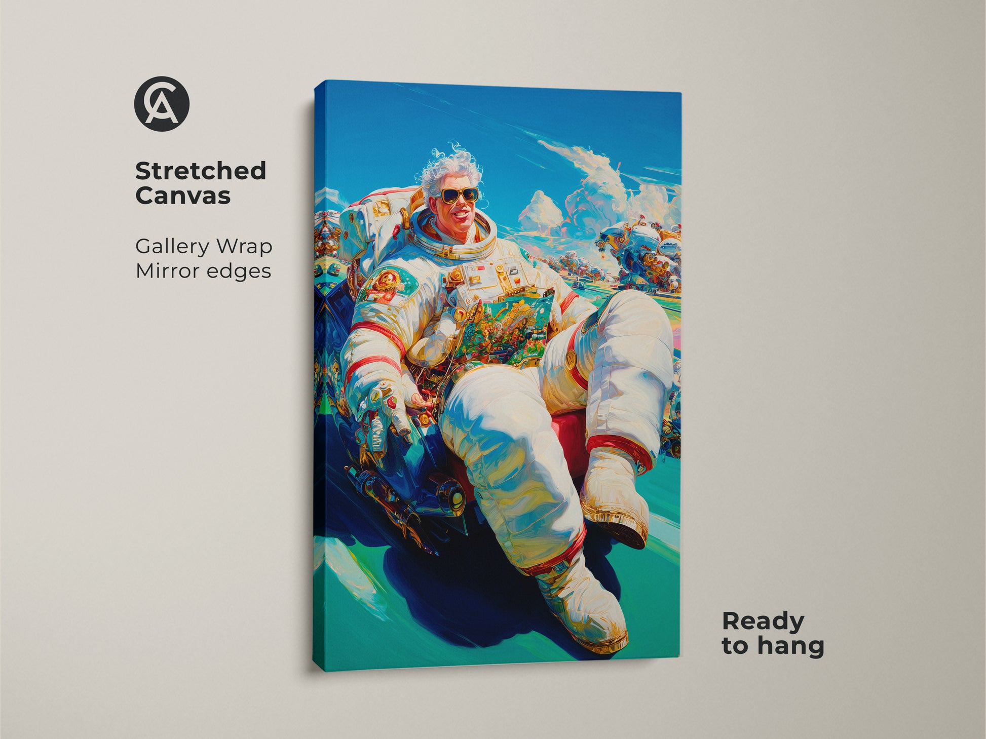 A vibrant stretched canvas artwork featuring an astronaut figure. The astronaut lounges in a futuristic vehicle. The gallery wrap and mirrored edges give it a seamless modern look. Ready to hang and enjoy.