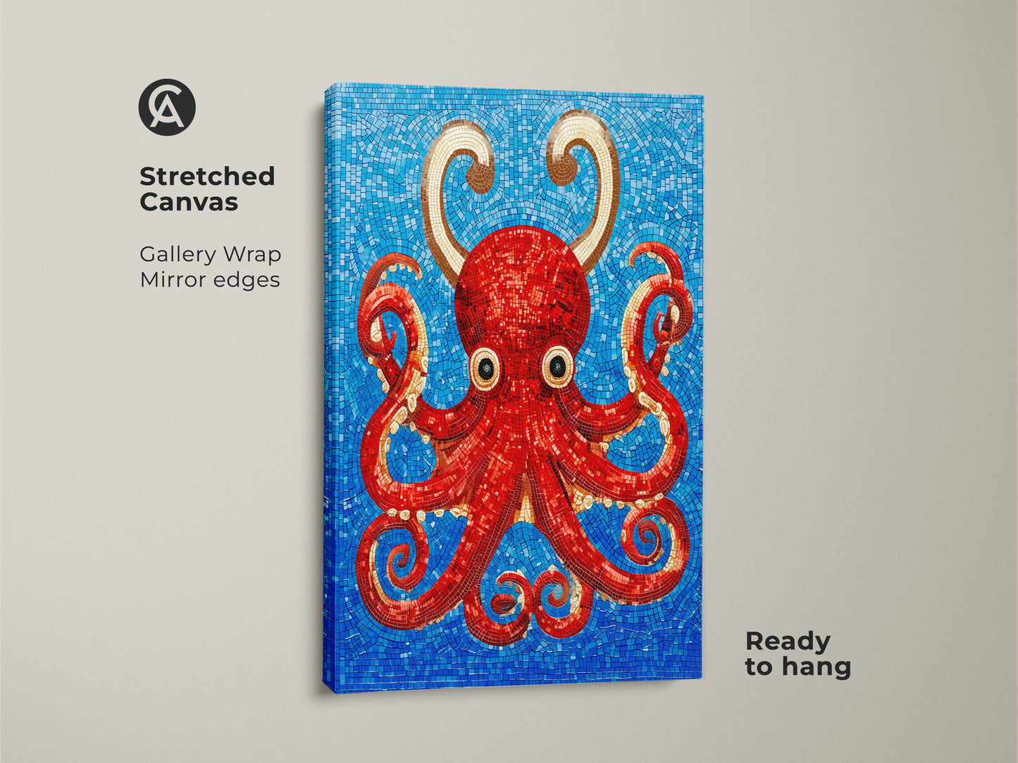 Vibrant red octopus mosaic art on a stretched canvas. The gallery wrap and mirror edges enhance the abstract marine life theme. The blue ocean canvas print with gold tentacle artwork brings an eclectic feel. This is a perfect housewarming gift ocean lover. It's ready to hang and adds a splash of color and personality to any space.