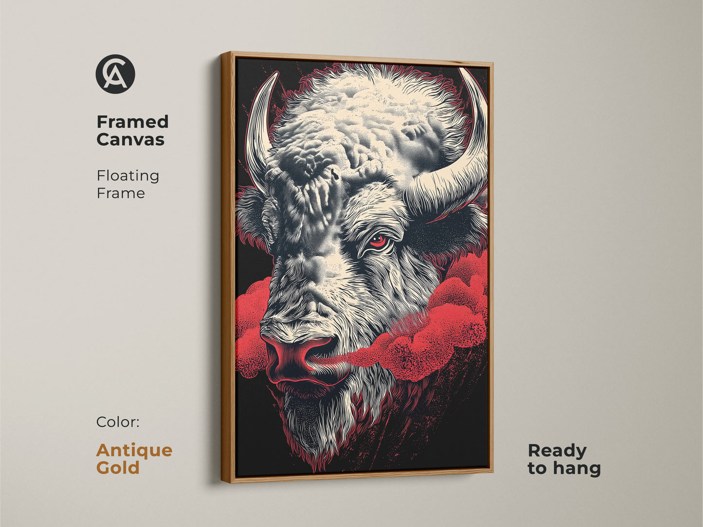The canvas print shows a bison head with a red eye in an antique gold frame. This framed canvas is ready to hang and brings a touch of rustic charm. The wildlife art suits farmhouse decor. It will add a bold creature to your wall.