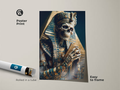 Poster Print displays Gothic Skeletal artwork of an Egyptian Pharaoh. Featuring gold and blue hieroglyphs this dark academia wall art arrives rolled in a tube. Easy to frame the print suits history buffs.