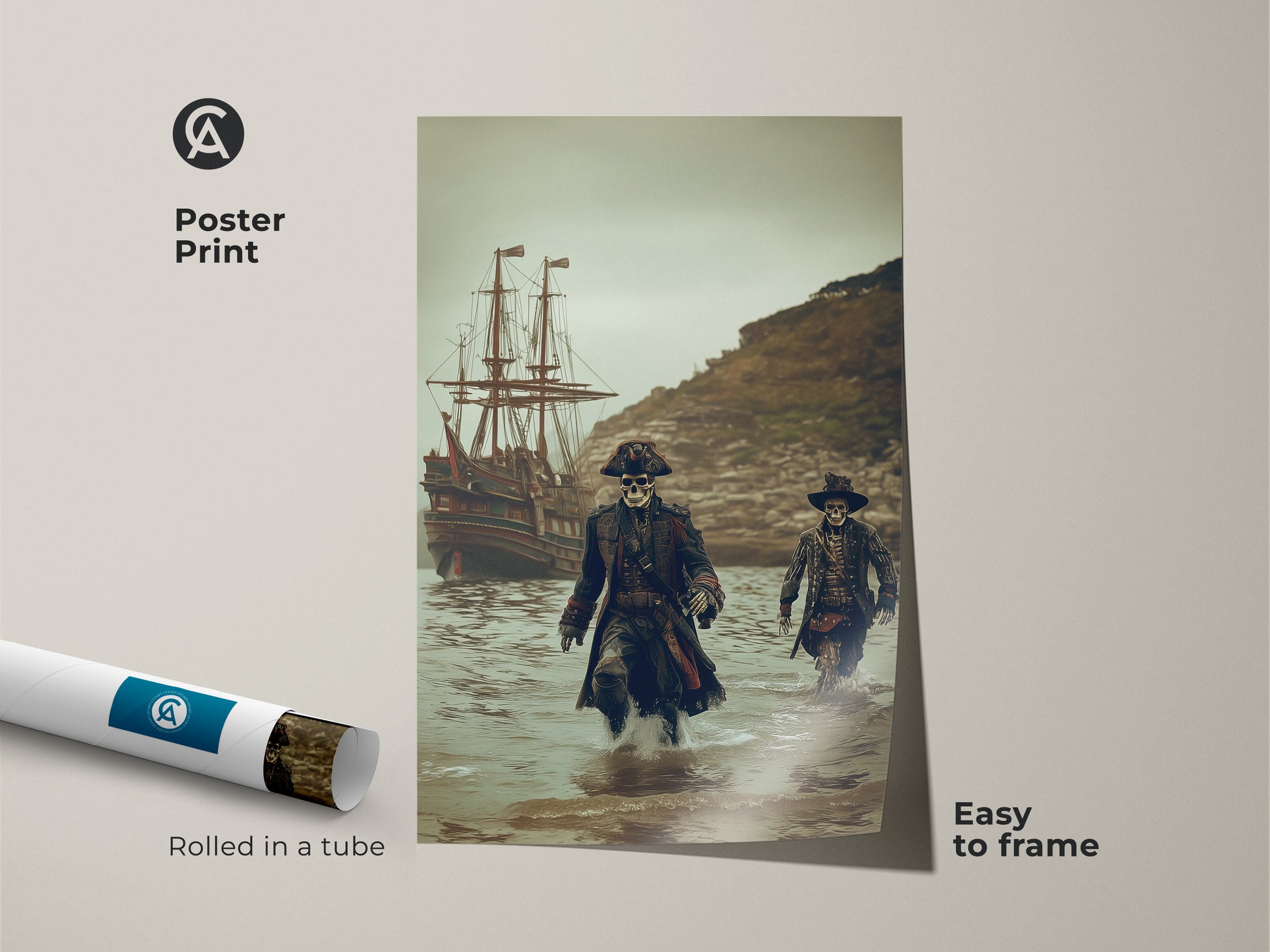 A skeleton pirate walking art print rolled in a tube ready to frame. This poster print features a nautical galleon ship. It's a gothic dark fantasy adventure poster. Perfect for man cave decor or office wall hanging. It's a unique Halloween pirate gift idea.