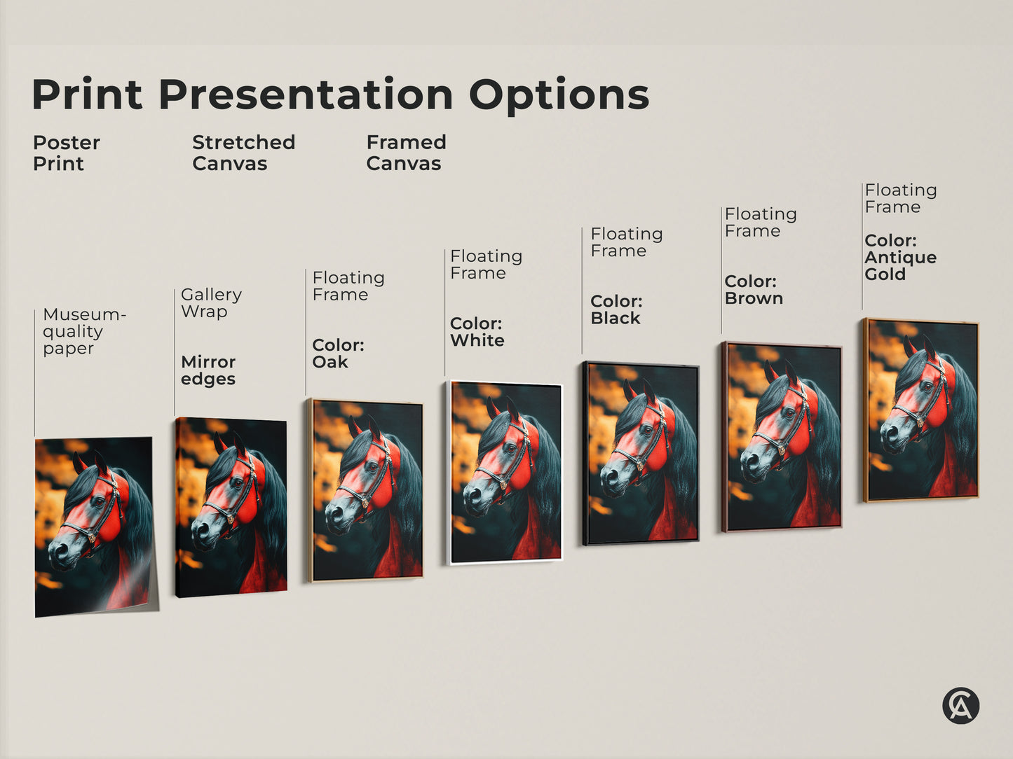Print presentation options for equestrian horse canvas art. This includes poster stretched and framed canvas. Floating frame in black brown white oak and antique gold. Visualize your ideal wildlife home office art print today.