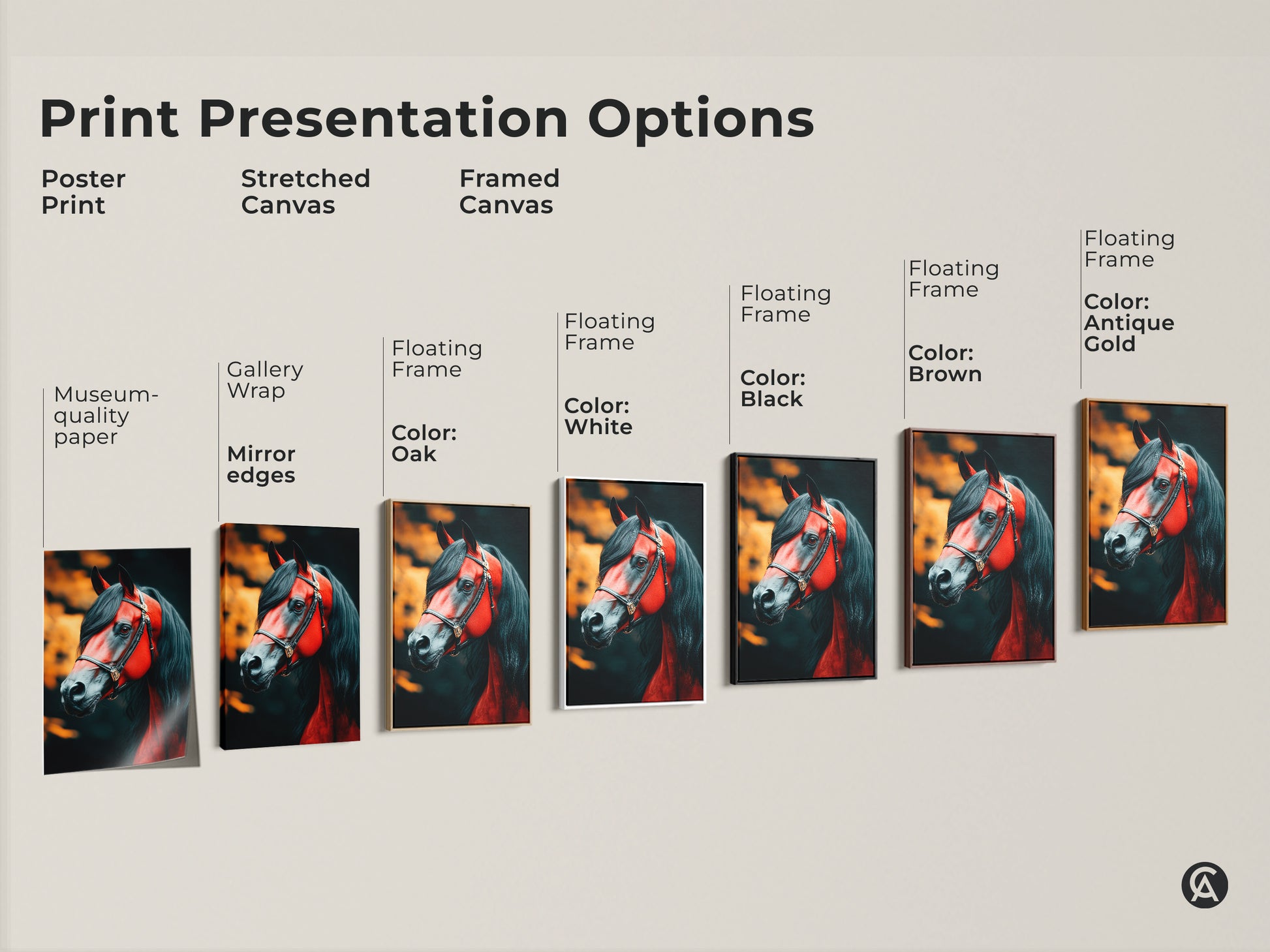 Print presentation options for equestrian horse canvas art. This includes poster stretched and framed canvas. Floating frame in black brown white oak and antique gold. Visualize your ideal wildlife home office art print today.