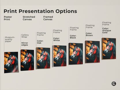 Print presentation options for equestrian horse canvas art. This includes poster stretched and framed canvas. Floating frame in black brown white oak and antique gold. Visualize your ideal wildlife home office art print today.