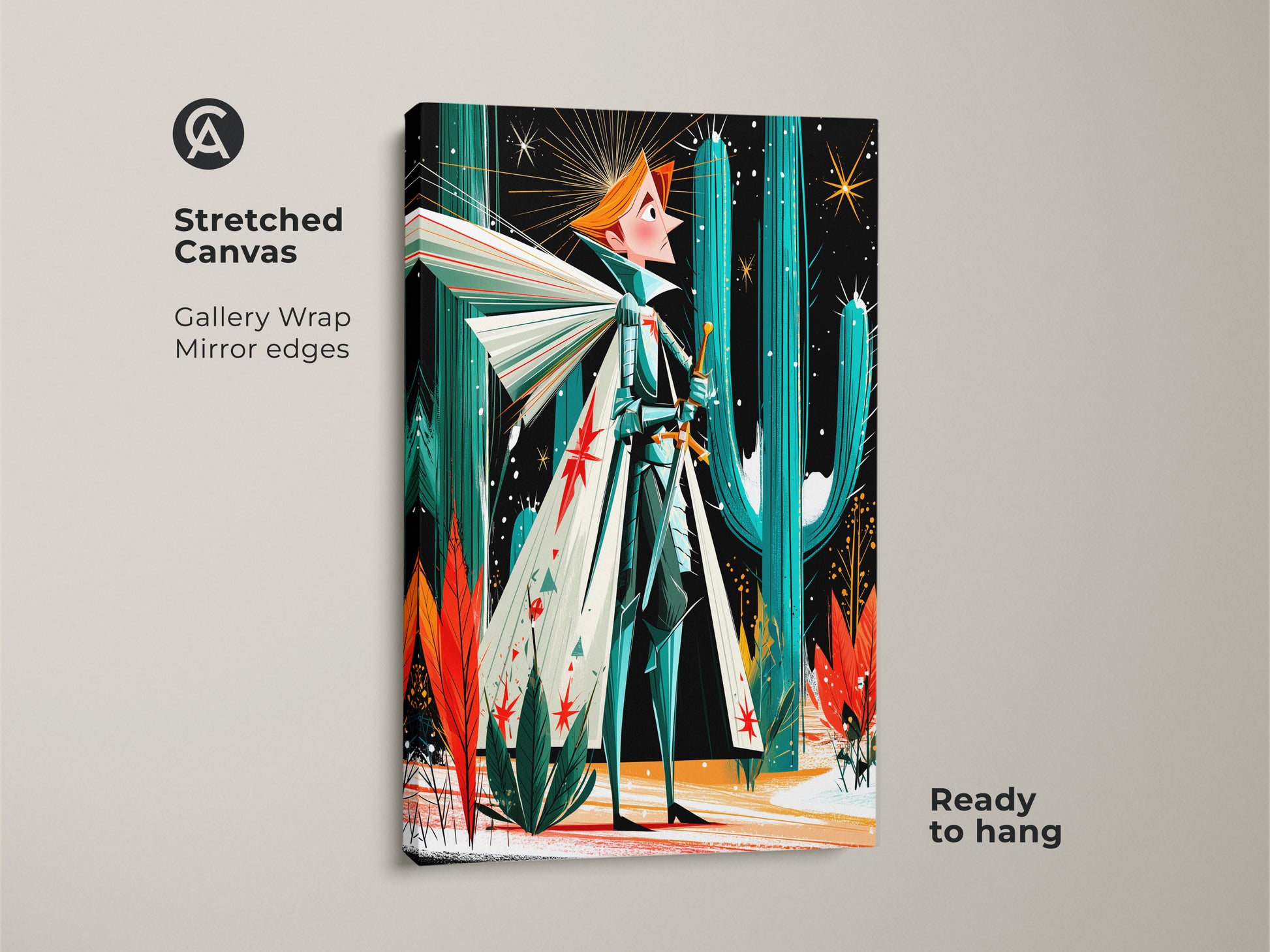 Stretched canvas print featuring a fantasy knight. Retro desert artwork in mid-century modern style with teal orange and green art. A unique eclectic gift idea ready to hang and display today.