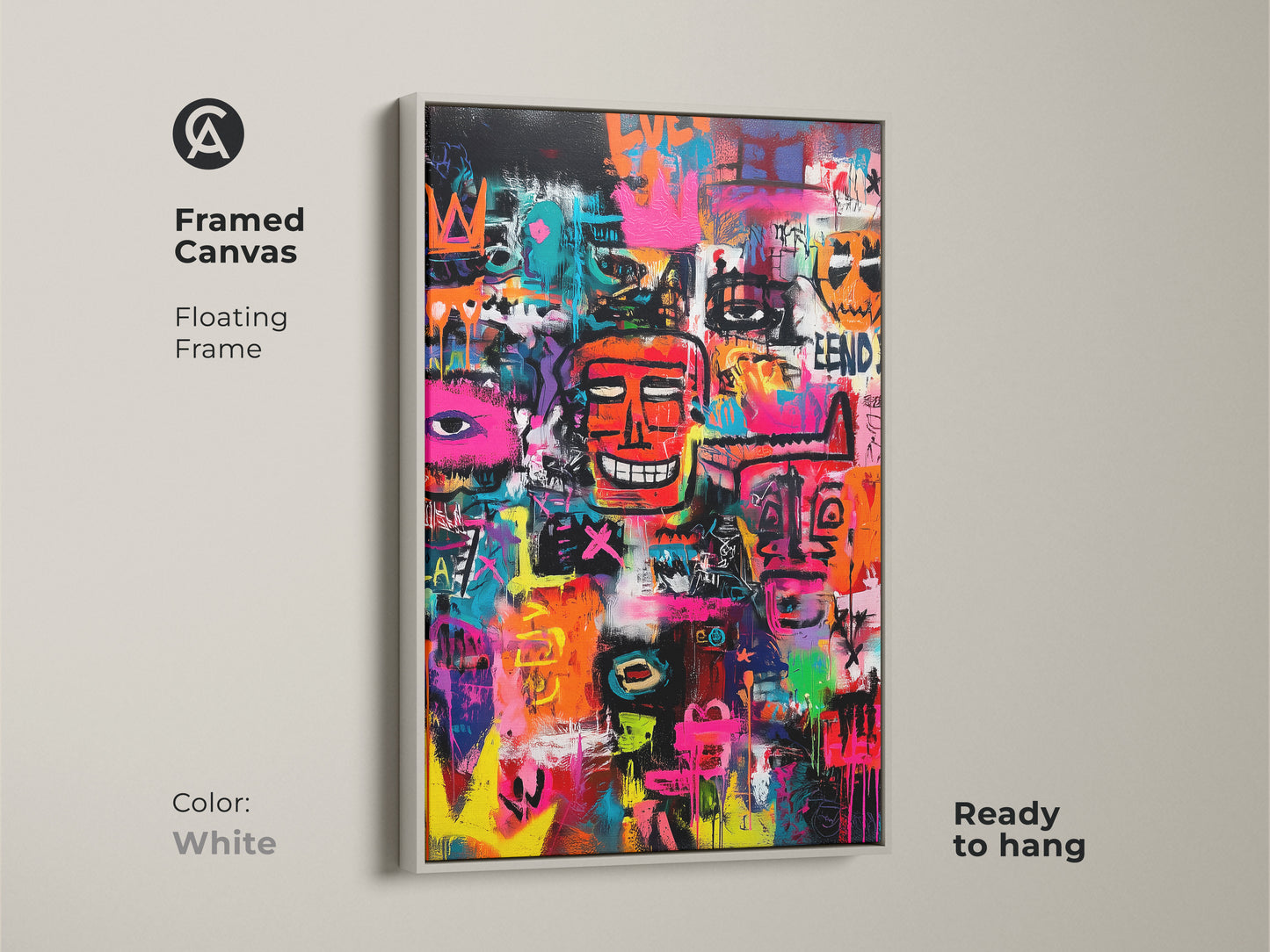 Framed canvas featuring eye-catching graffiti art. The floating frame enhances its modern look. This ready-to-hang artwork has a white frame. It makes a bold statement in any room. Buy this colorful and unique art today.