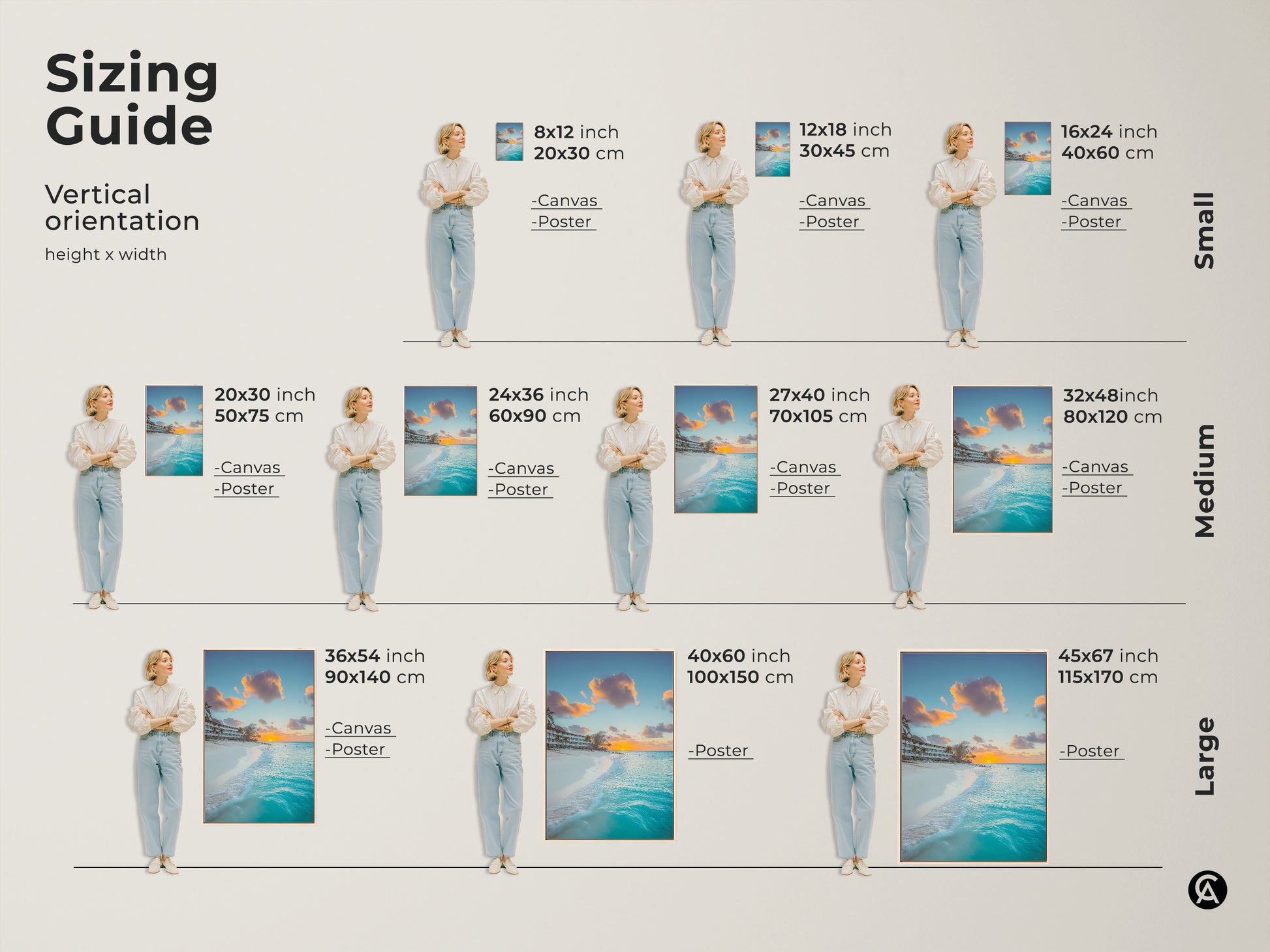 Sizing guide for turquoise ocean sunset art. Vertical orientation height x width. Canvas and poster options in small medium and large sizes. Find the perfect fit for your space with coastal beach wall art. Tropical landscape photography.