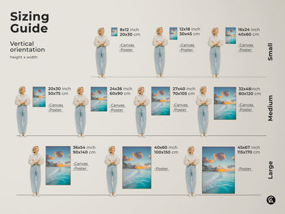 Sizing guide for turquoise ocean sunset art. Vertical orientation height x width. Canvas and poster options in small medium and large sizes. Find the perfect fit for your space with coastal beach wall art. Tropical landscape photography.
