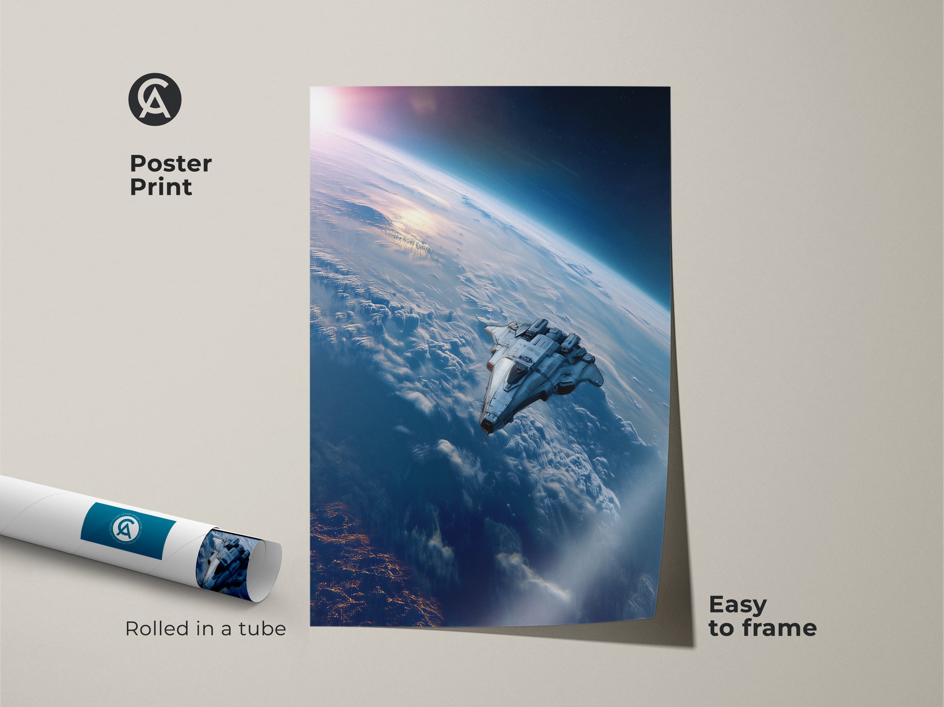 Poster Print Sci-Fi Space Art rolled in a tube. The print features a futuristic spaceship over Earth. This deep blue contemporary artwork is easy to frame and perfect for stargazers.