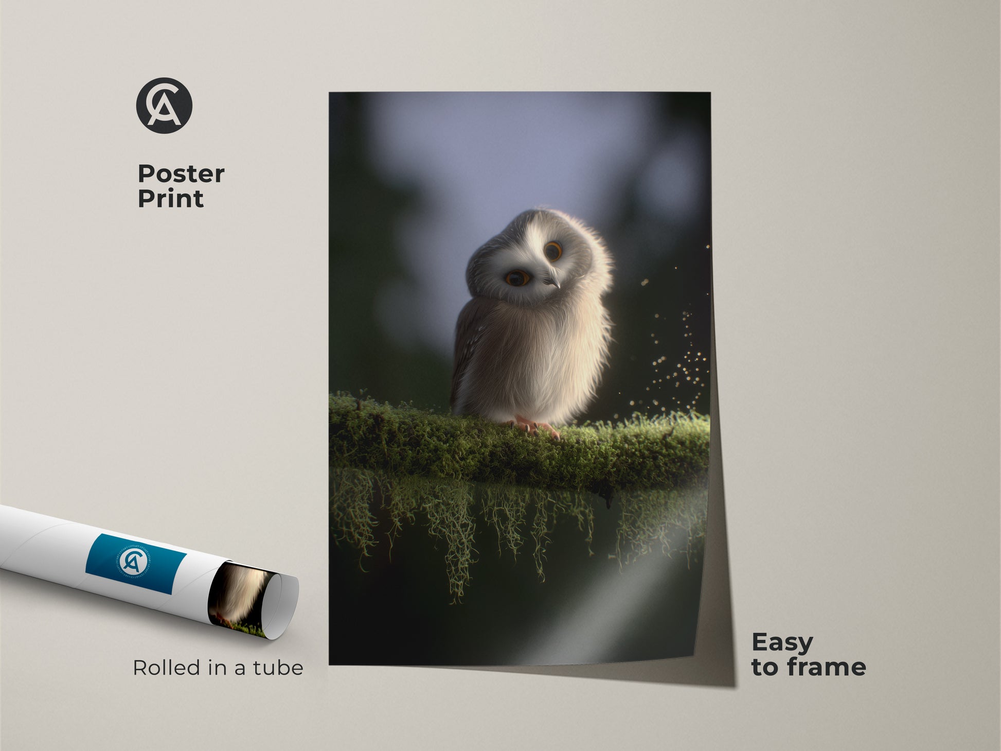 Poster print of a baby owl on a moss branch. This cute owl wall art is ideal for a woodland nursery. The Scandinavian nursery art comes rolled in a tube. Easy to frame for charming wildlife artwork.