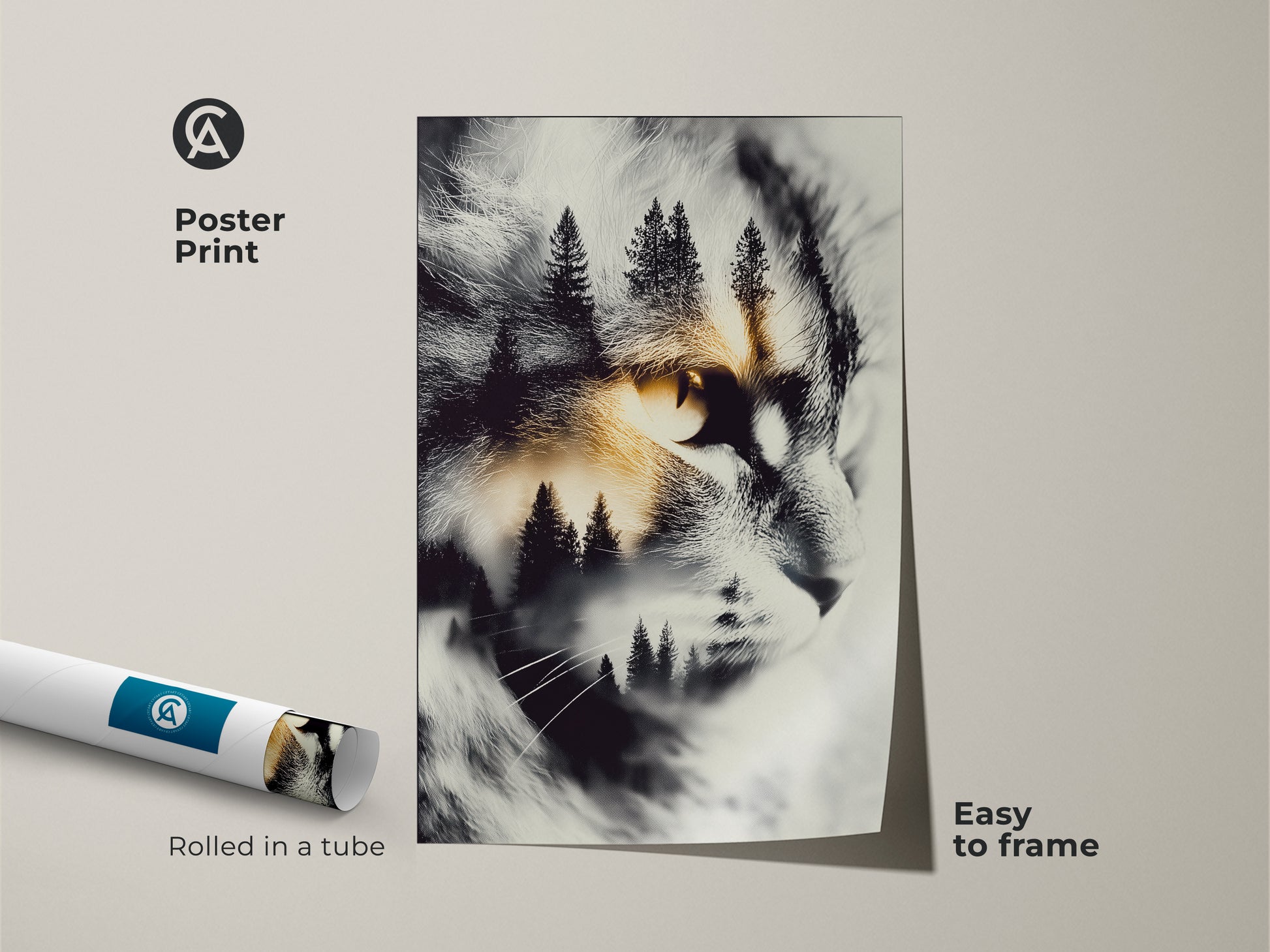 Poster print of a cat artwork. The artwork features a cat's face with a forest scene inside. It is an easy-to-frame animal art for cat enthusiasts. It is shipped rolled in a tube for protection.