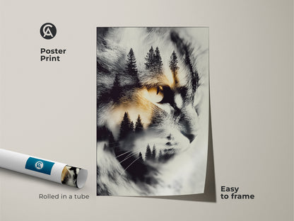 Poster print of a cat artwork. The artwork features a cat's face with a forest scene inside. It is an easy-to-frame animal art for cat enthusiasts. It is shipped rolled in a tube for protection.