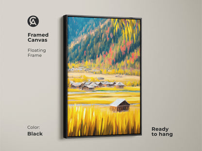 Black framed canvas print showing a rustic barn landscape. The floating frame enhances the impressionist landscape art. Golden yellow fields complement the blue mountains in this farmhouse style wall art. Ready to hang this print adds a touch of elegance to your wall art collection.