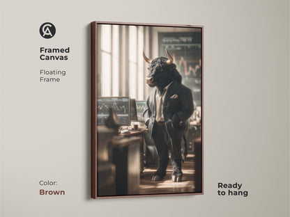 A framed canvas shows a bull dressed in a pinstripe suit in an office. The floating brown frame provides a warm contrast to the art. Ready to hang this artwork is a stylish addition to any office. Perfect for those in finance seeking unique decor.