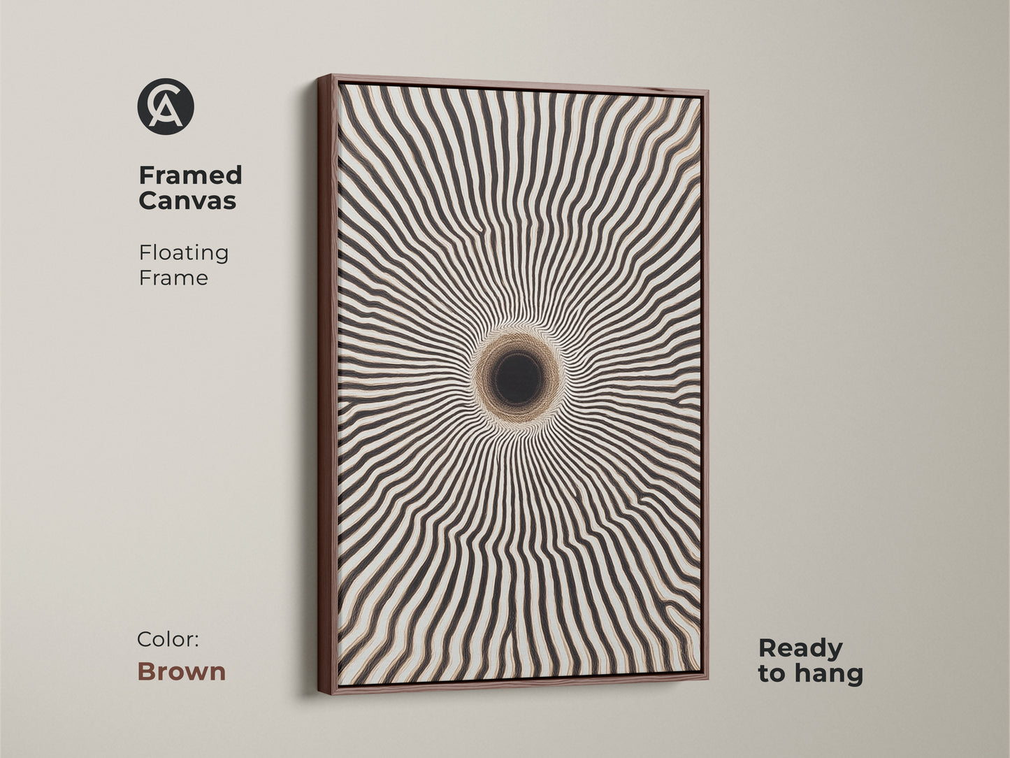 Brown framed canvas print of abstract vortex home decor. This minimalist black and white art piece is ready to hang. The contemporary geometric canvas enhances any entryway.