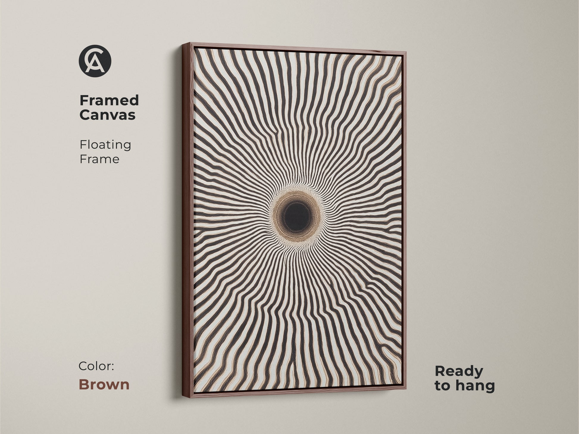 Brown framed canvas print of abstract vortex home decor. This minimalist black and white art piece is ready to hang. The contemporary geometric canvas enhances any entryway.
